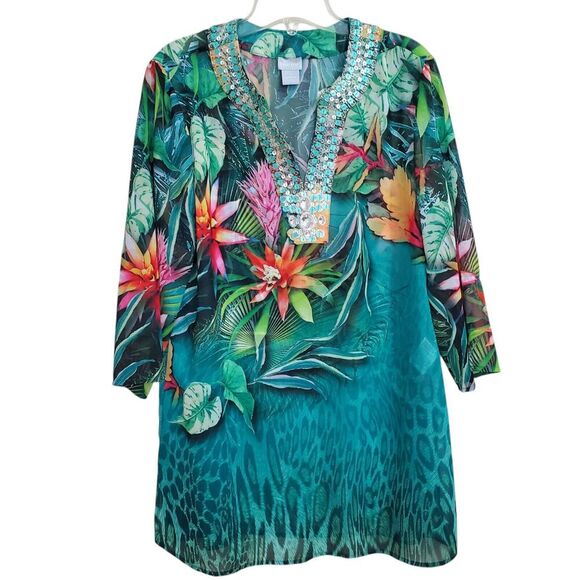Tops - Chico's tropical tunic top womens size 1 M 8-10 floral sequin Beaded Travel